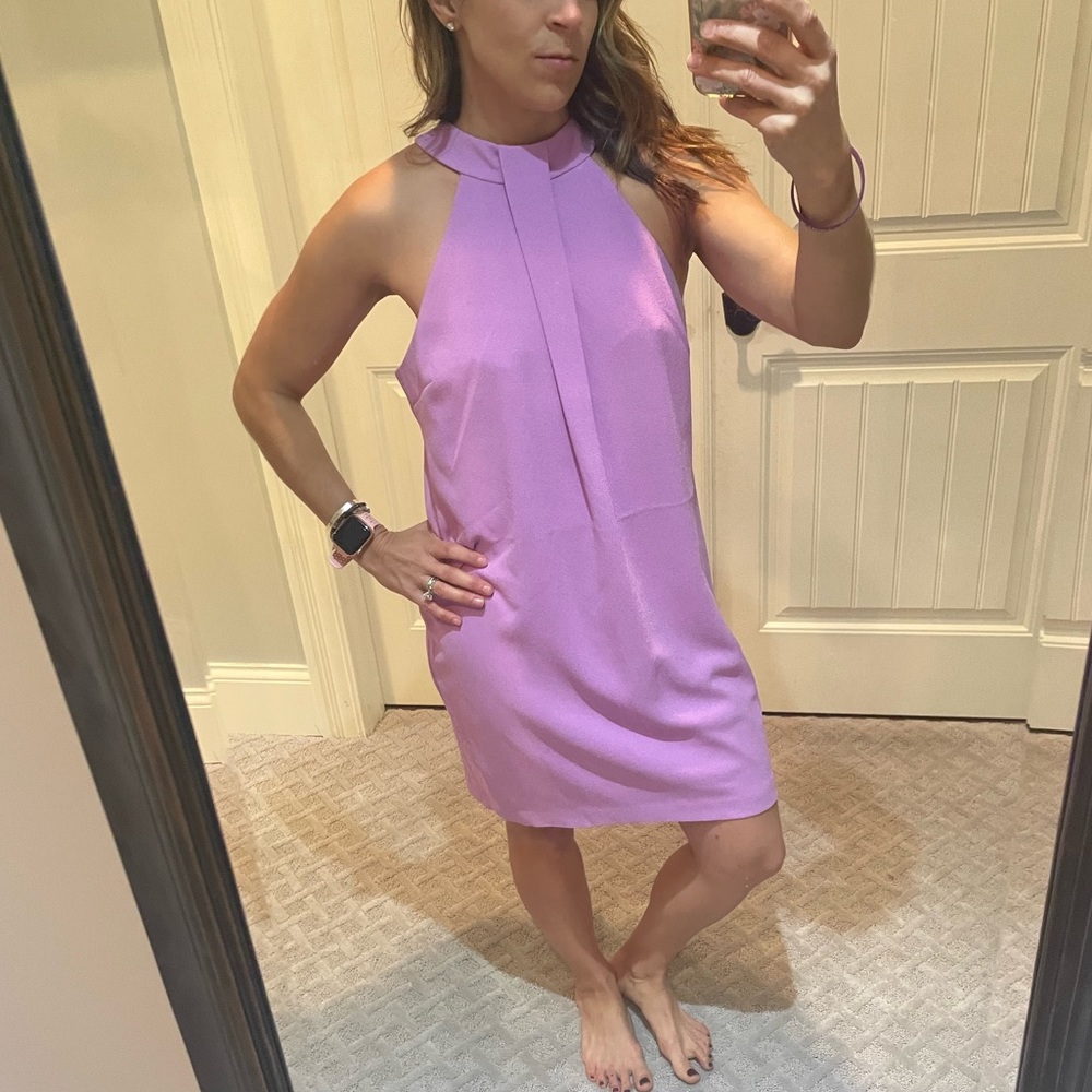 Beautiful spring dress for semi formal occasion. The purple is stunning!